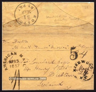 1857 Wrapper Boston to Dublin with rare AMERCAN MAIL 1/-