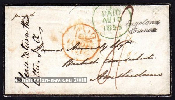 1855 Cover to Holland with Dublin PAID in green