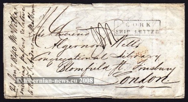 1840 double EL with boxed CORK / SHIP LETTER
